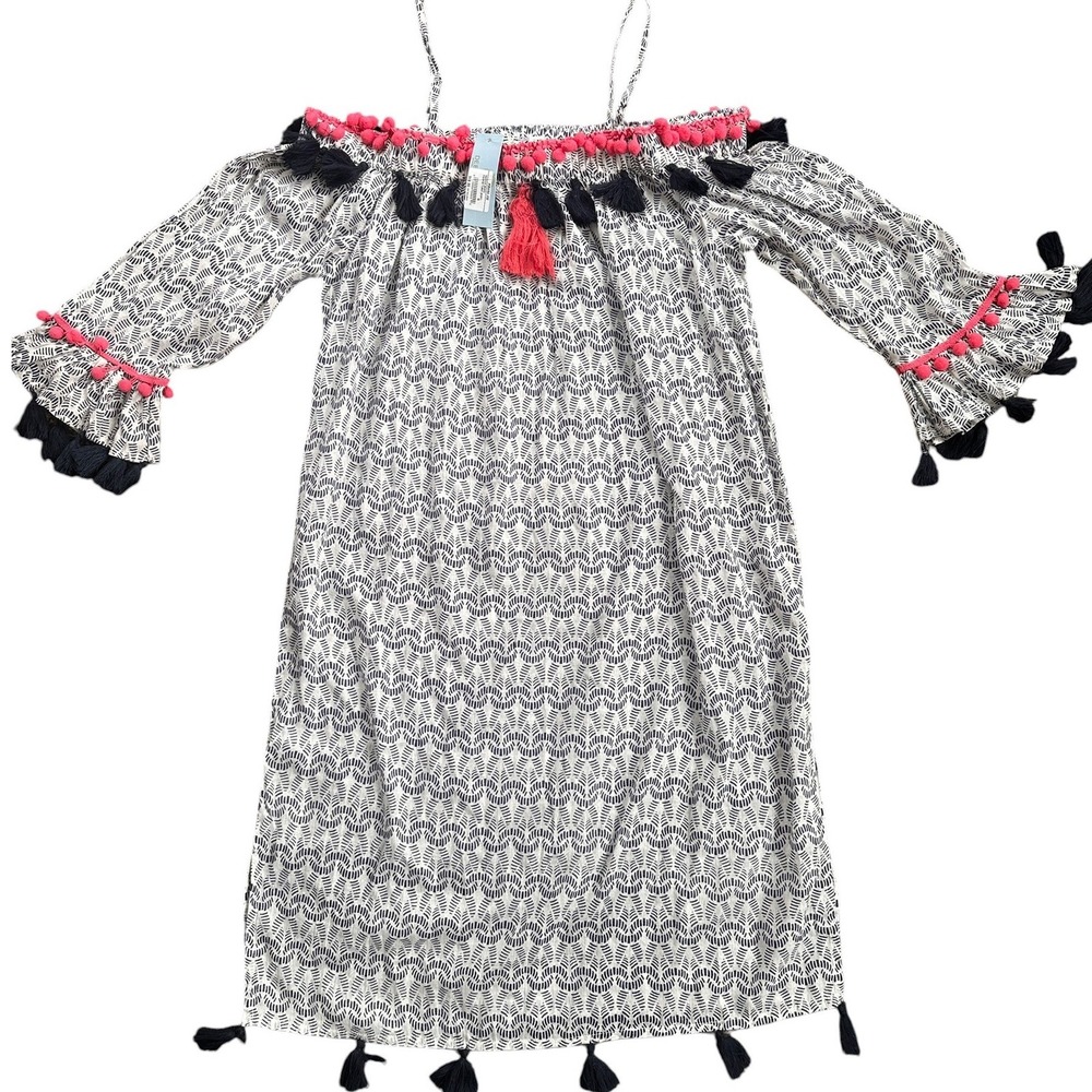Debbie Katz Harper Tunic Wmn M White Navy New Pom Pom Tassel Off Shoulder Dress